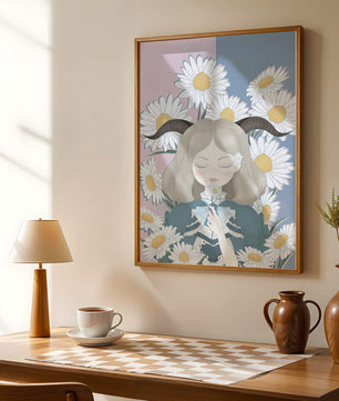 Ilustración de una niña con margaritas y cuernos sobre un fondo pastel