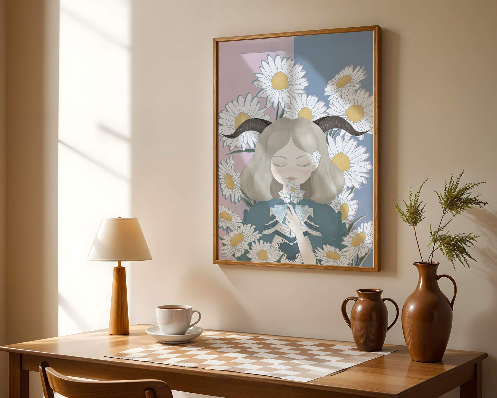 Illustration of girl with daisies and horns on a pastel background