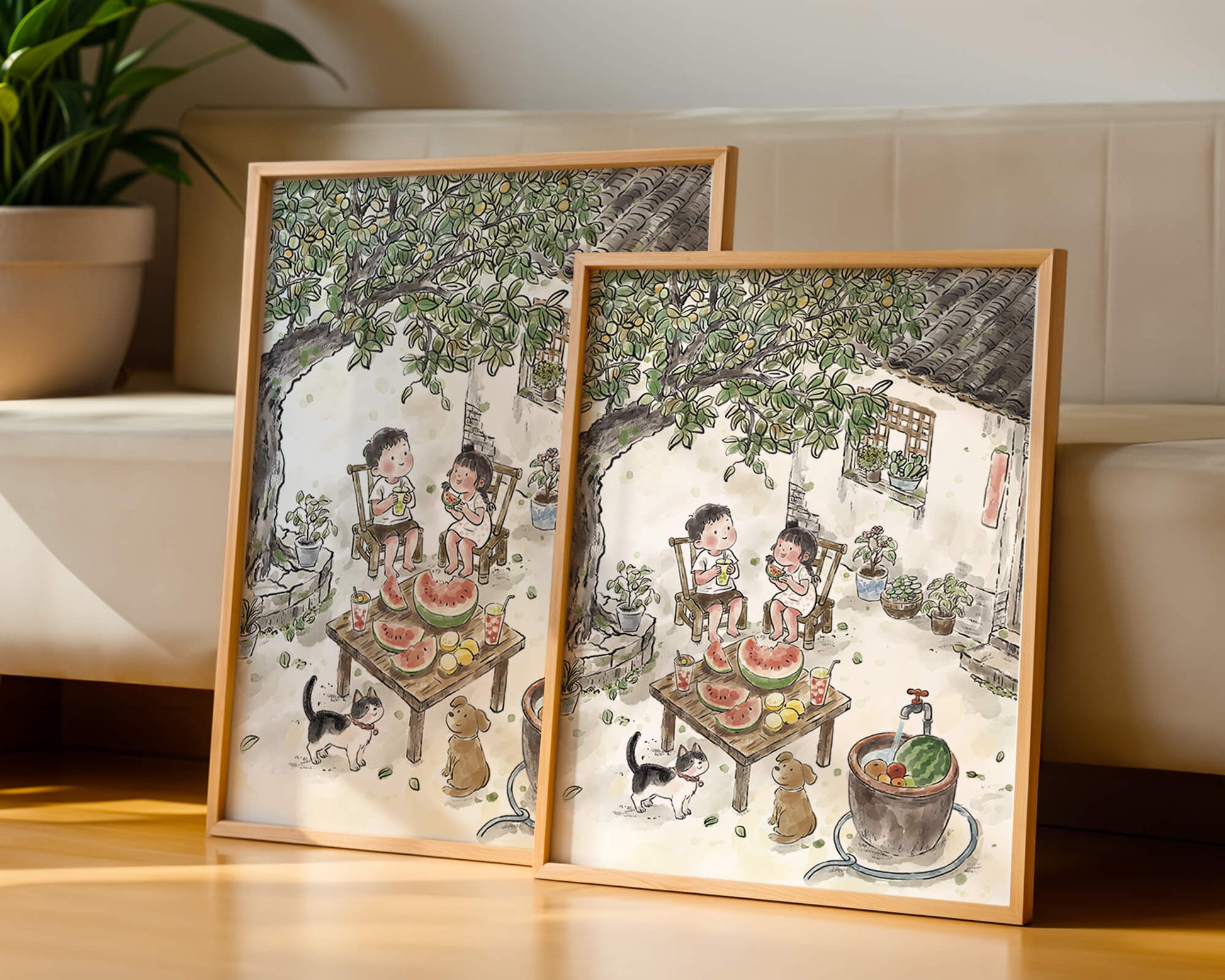 Encuentro acogedor en el patio trasero de verano con sandía y mascotas