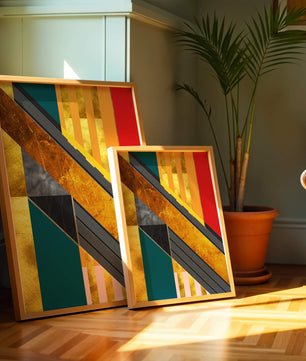 Abstract geometric design with gold accents and vibrant colors