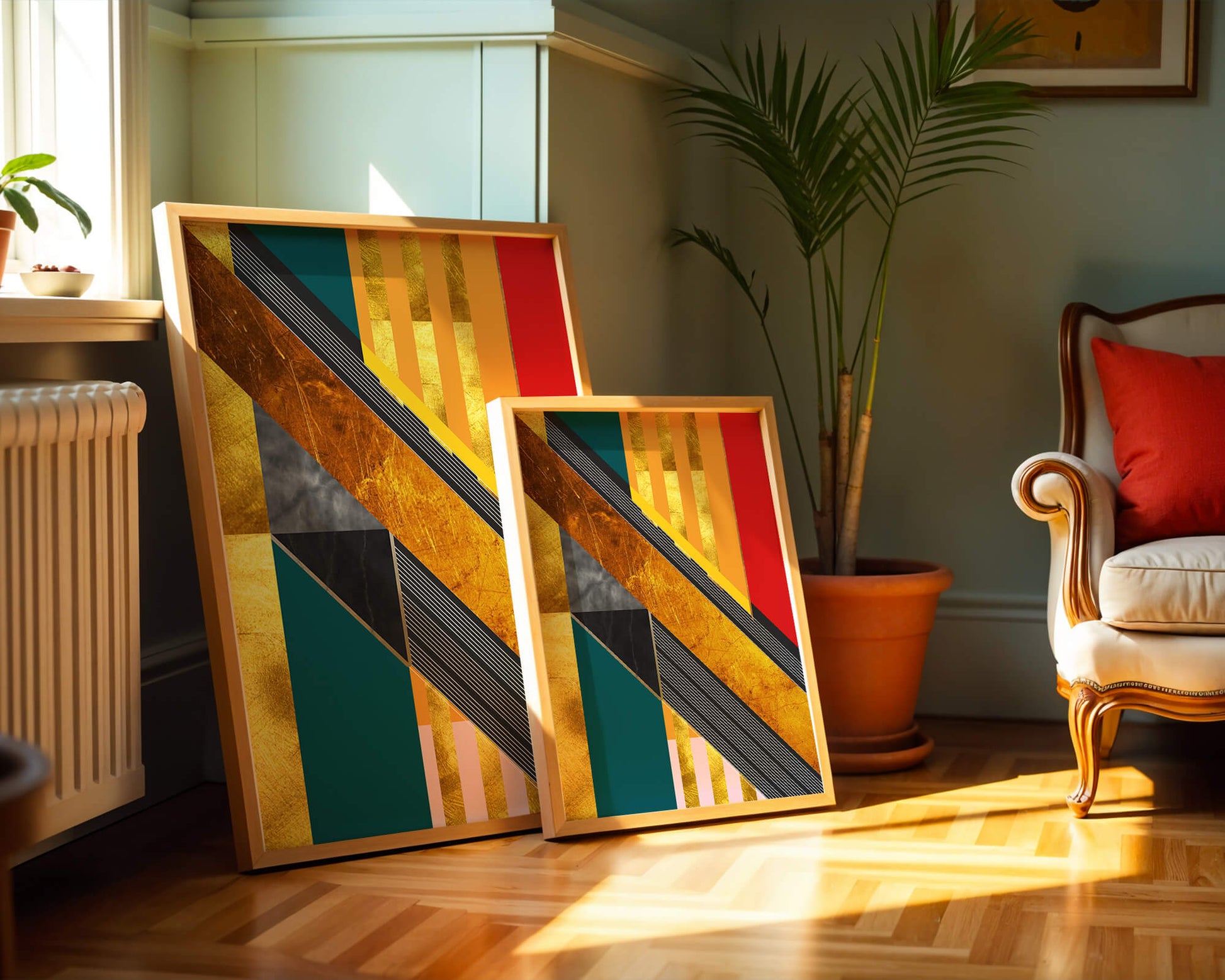 Abstract geometric design with gold accents and vibrant colors