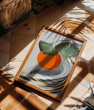 Hojas de Ginkgo abstractas con círculo naranja y ondas plateadas