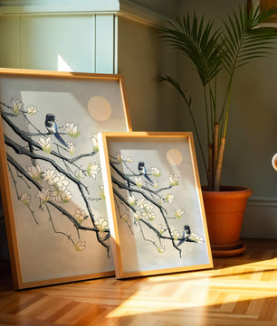 Magpies on Blooming Branches under Full Moon