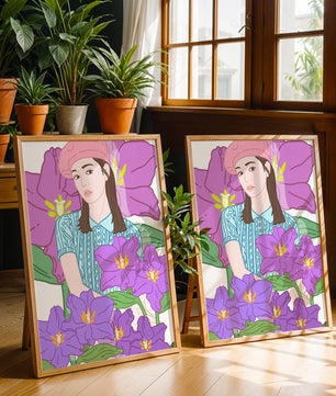 Jeune femme au béret rose avec illustration de fleurs violettes