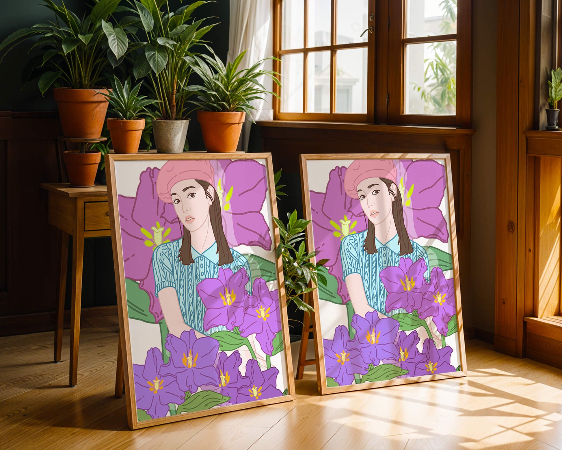 Ilustración de una joven con boina rosa y flores moradas