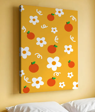 Playful floral and fruity pattern on a vibrant yellow background
