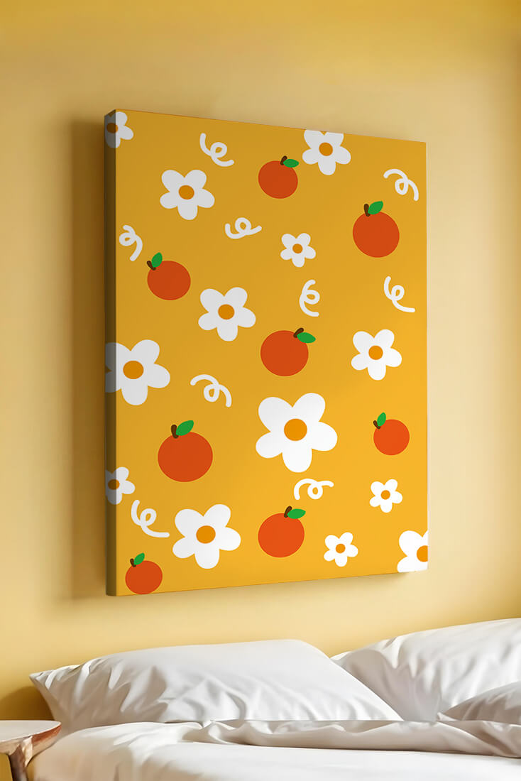 Playful floral and fruity pattern on a vibrant yellow background