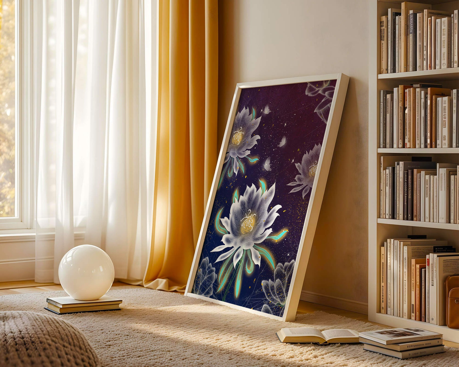 Floral Fantasy with Glowing Elements and Butterflies in Night Sky