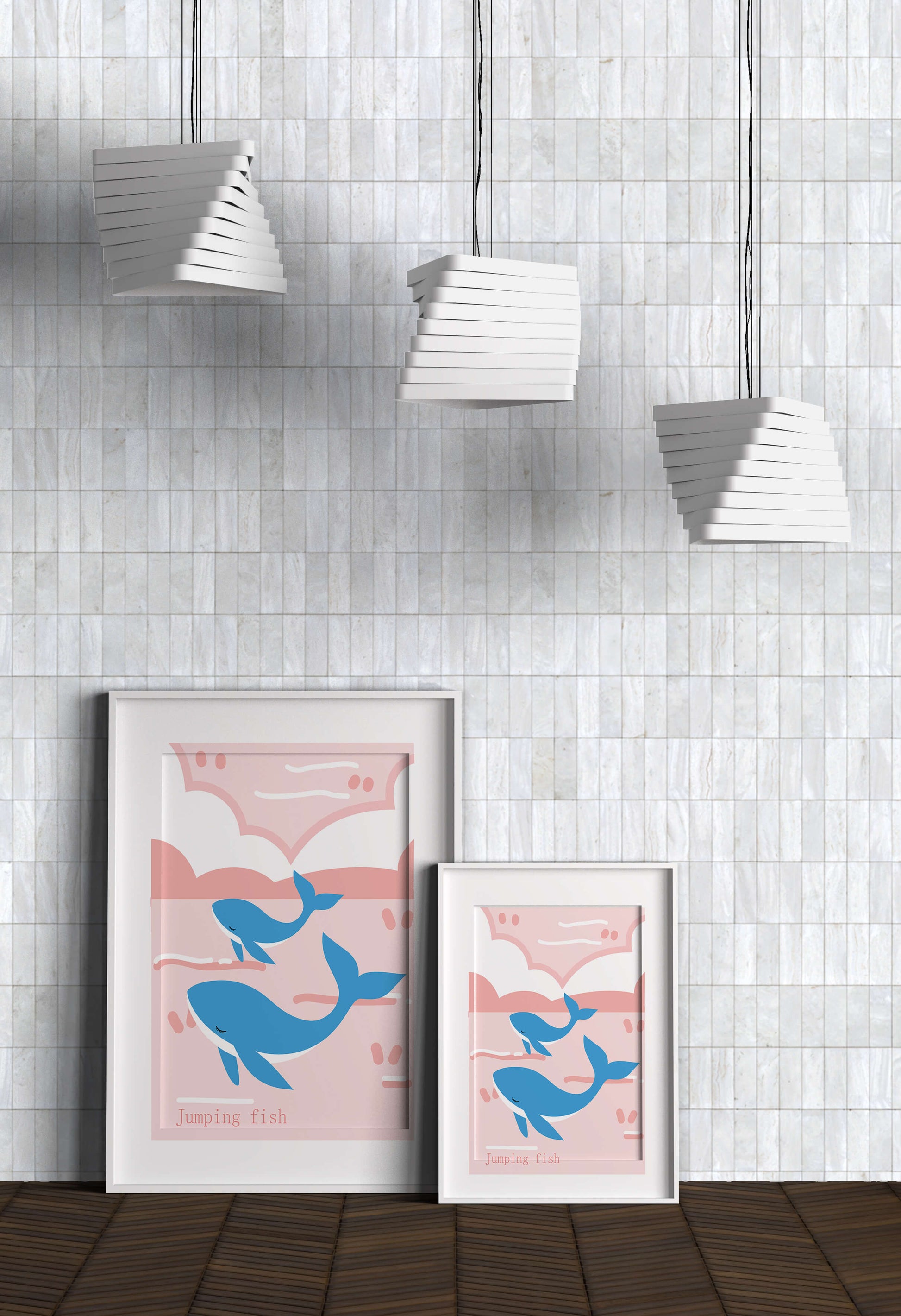 Playful whales illustration in pastel pink and blue