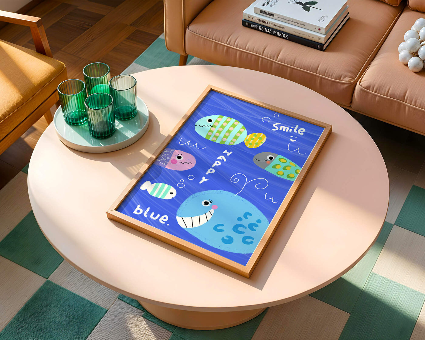 Colorful underwater scene with smiling cartoon fish