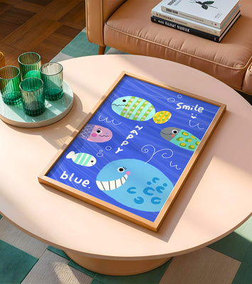 Colorful underwater scene with smiling cartoon fish