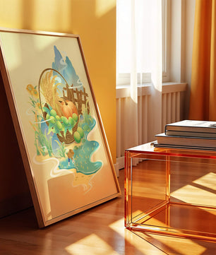 Ilustración con tema de cosecha con una cesta de productos y un fondo panorámico.
