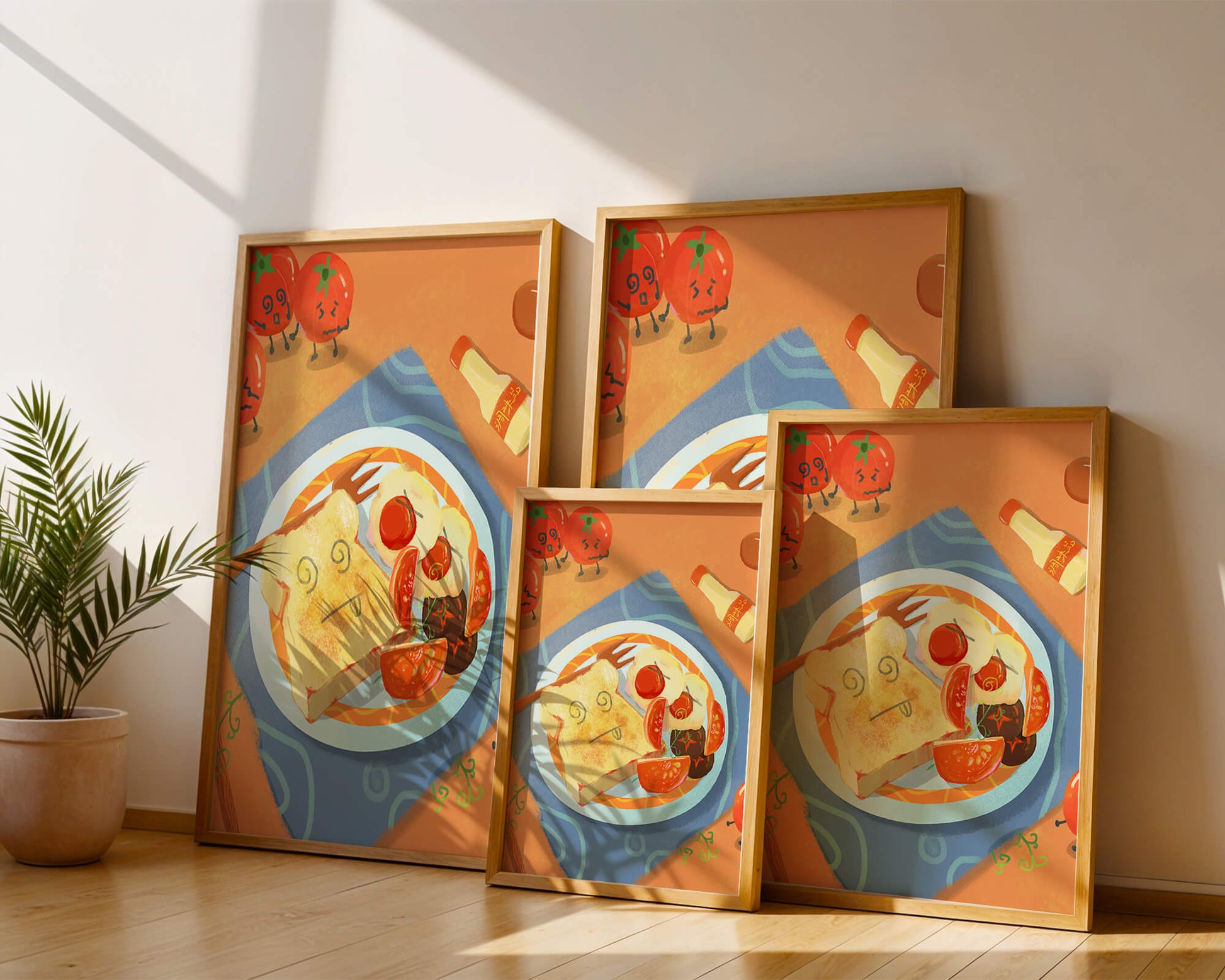 Desayuno caprichoso con tomates animados y tostadas en un plato brillante