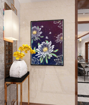 Lotus Flowers and Butterflies in a Starry Night Sky with Gold Accents - Mi tienda