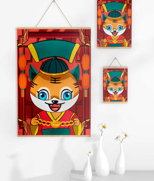 Tigre de dibujos animados colorido con linternas y elementos tradicionales