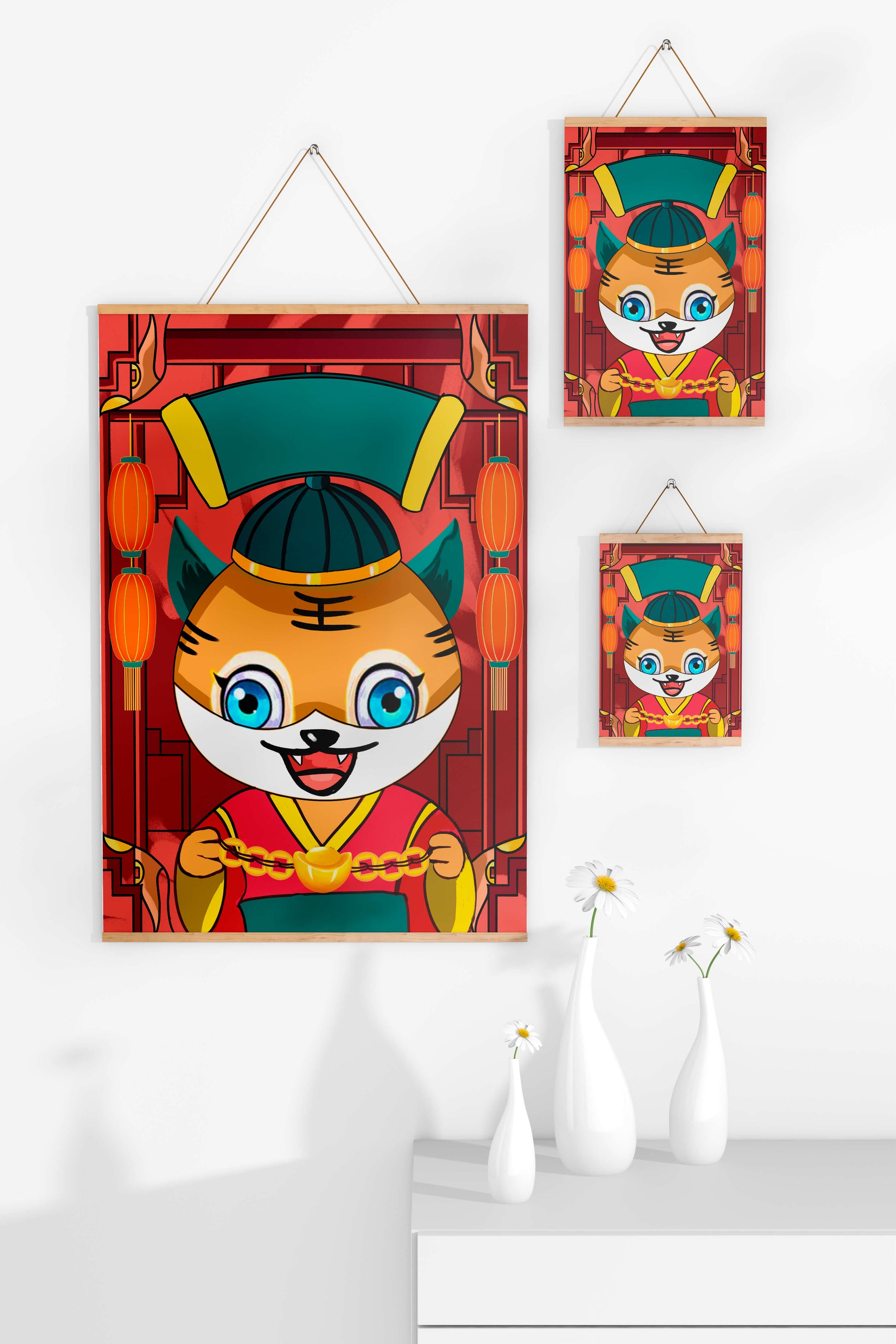 Colorful cartoon tiger with lanterns and traditional elements