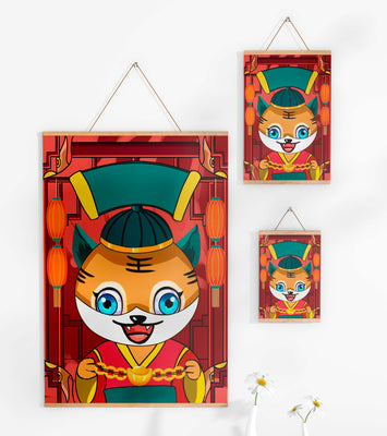 Colorful cartoon tiger with lanterns and traditional elements