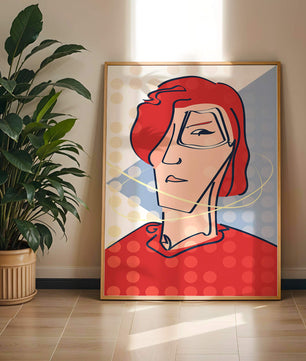 Abstract portrait with red hair and dotted background
