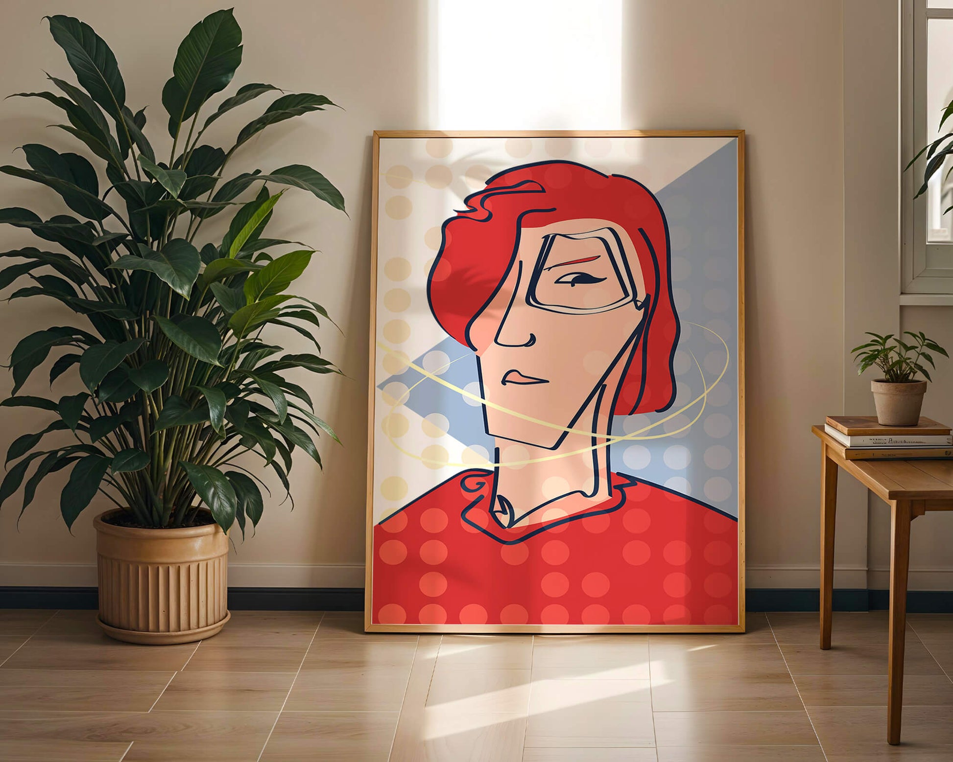 Retrato abstracto con cabello rojo y fondo punteado