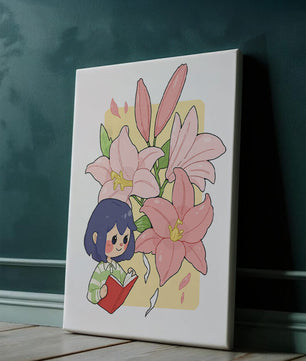 Illustration d'une fille lisant avec de grands lys roses en arrière-plan