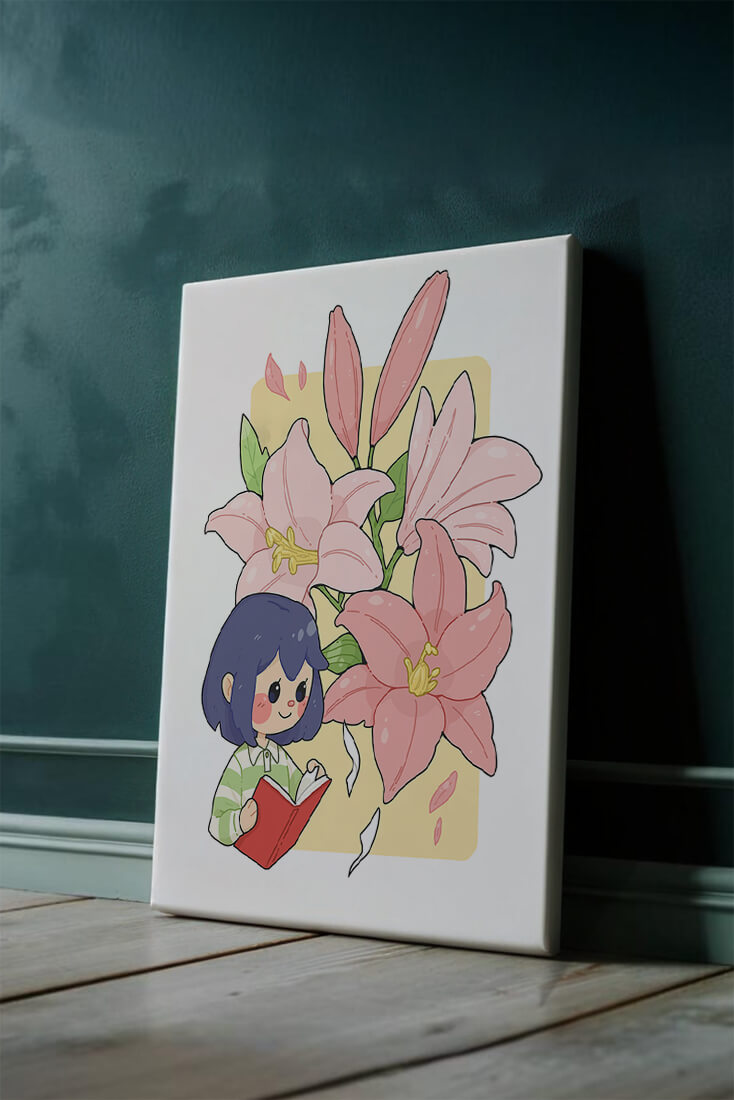 Illustration of a girl reading with large pink lilies in the background