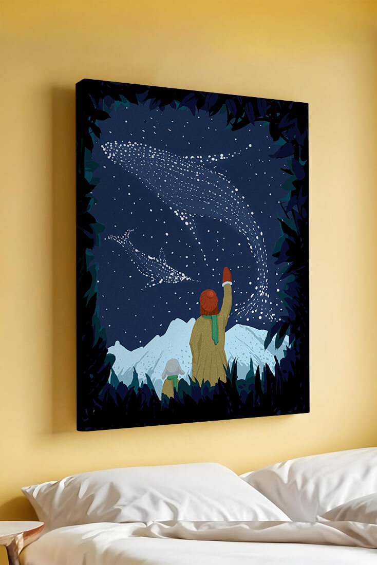 Starry night with whale constellations and mountain scenery