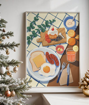 Escena de desayuno colorida con comida y bebida