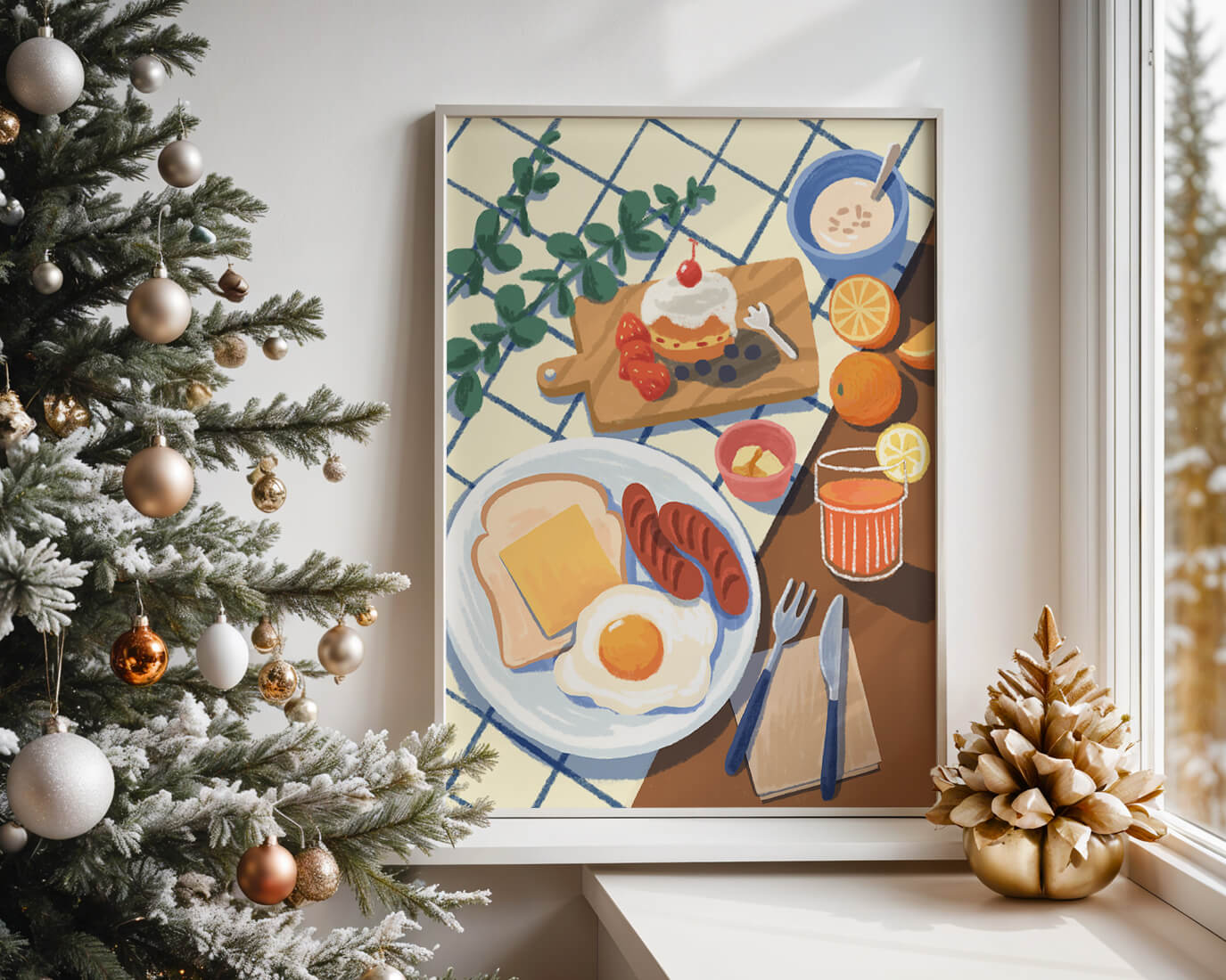 Escena de desayuno colorida con comida y bebida