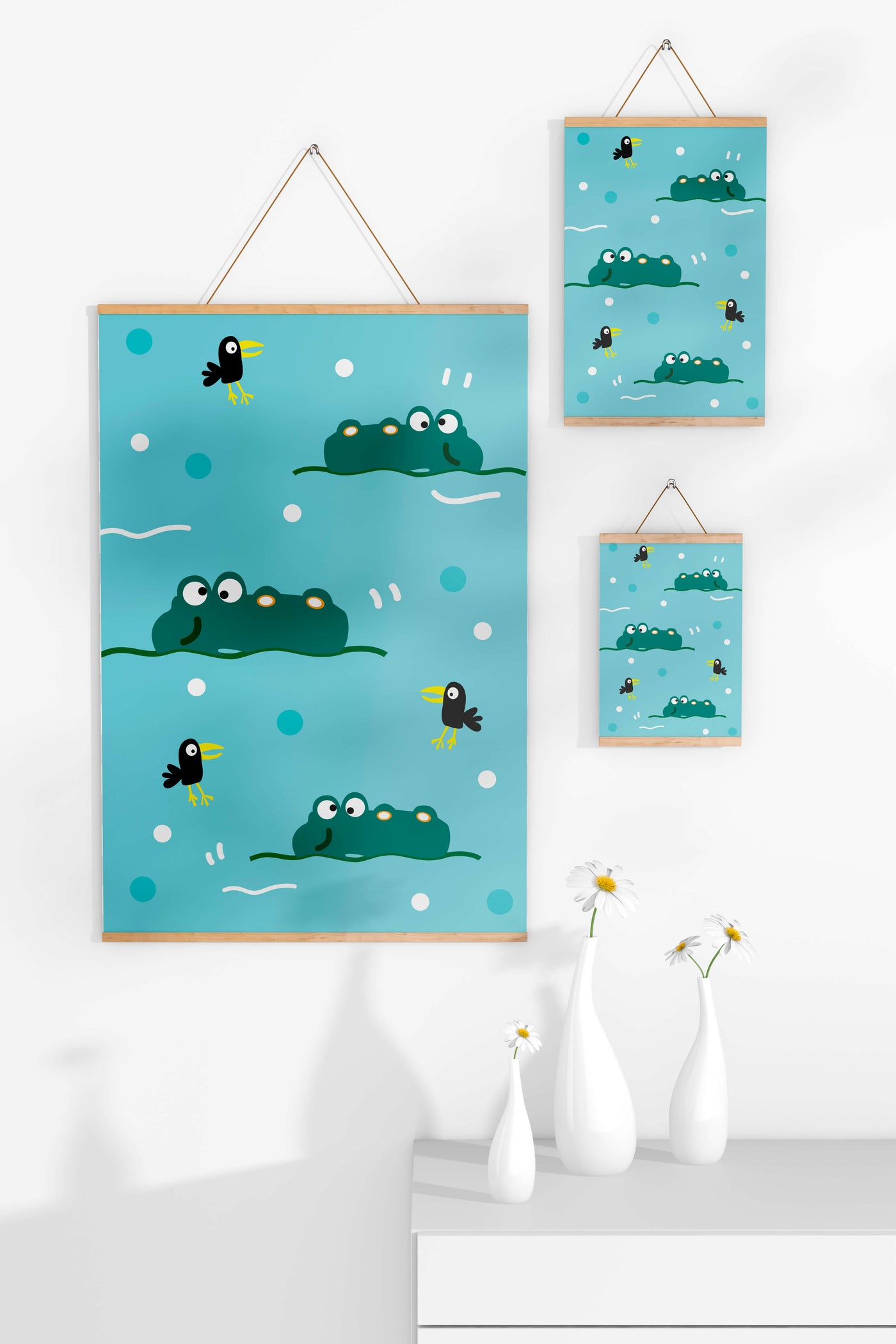 Playful cartoon crocodiles and birds on blue patterned background