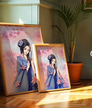 Ilustración elegante de una geisha con kimono azul y hojas rosadas