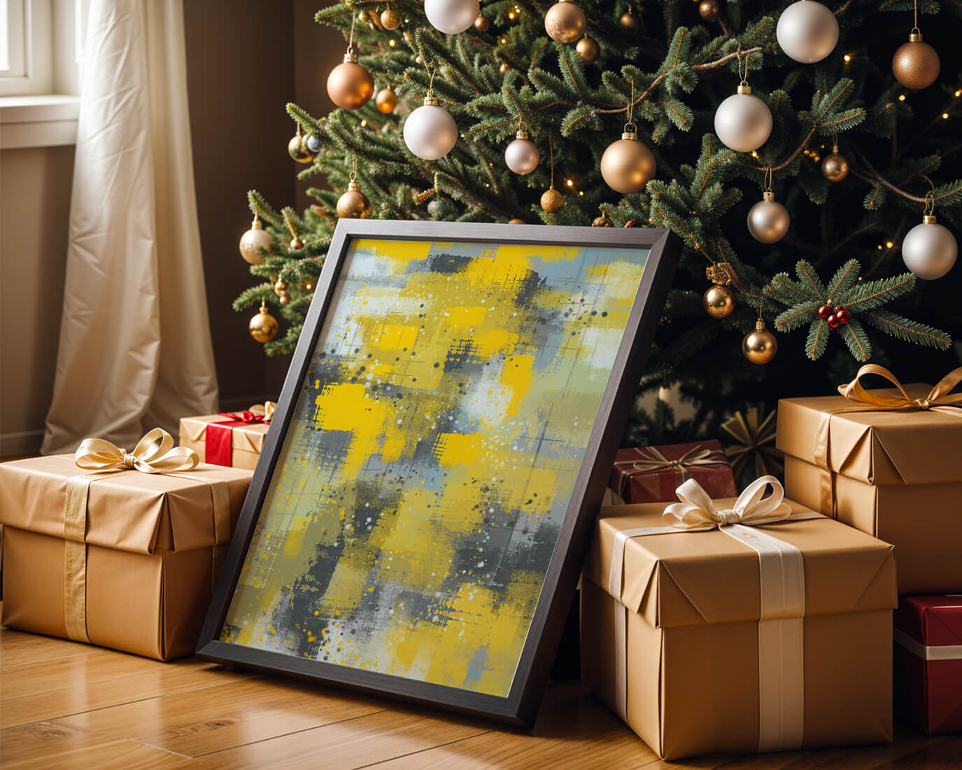 Abstract Yellow and Gray Geometric Art with Textured Patterns - Mi tienda