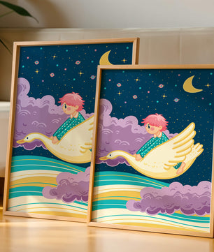 Child flying on a goose through a magical night sky illustration