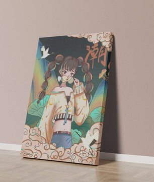 Anime girl with glasses surrounded by nature and cranes