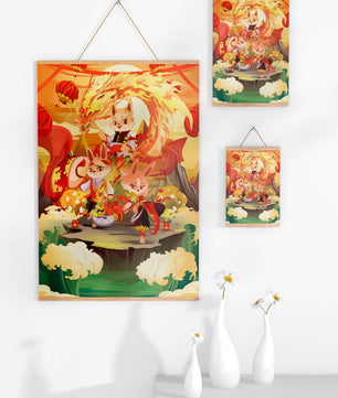 Fantastical scene with anthropomorphic animals and a dragon in a vibrant setting
