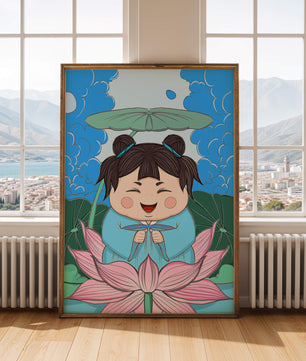 Whimsical illustration of a joyful child with lotus and umbrella