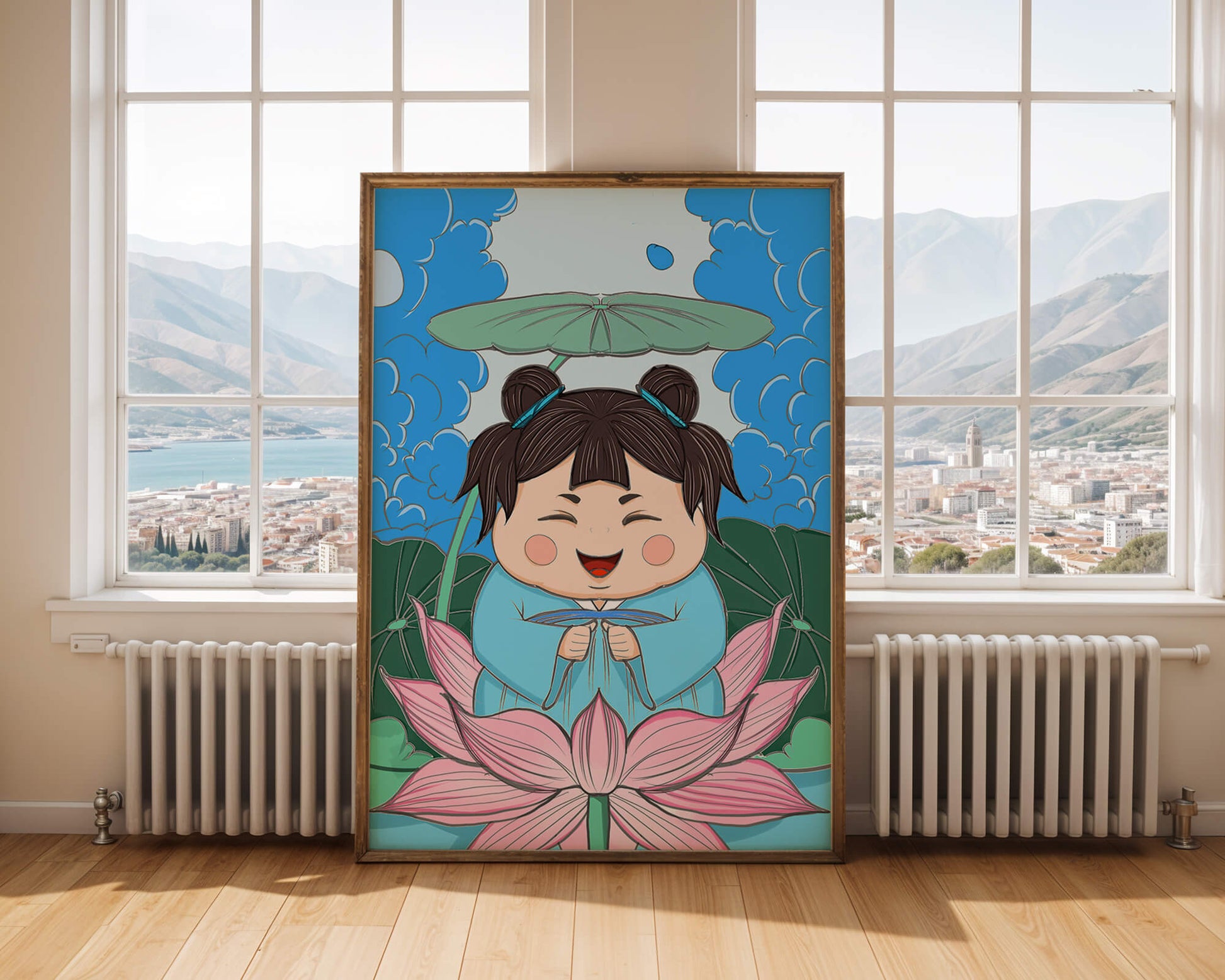 Whimsical illustration of a joyful child with lotus and umbrella