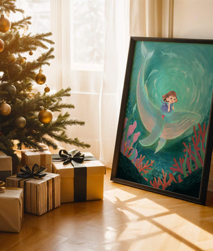 Underwater scene with child and whale surrounded by marine life