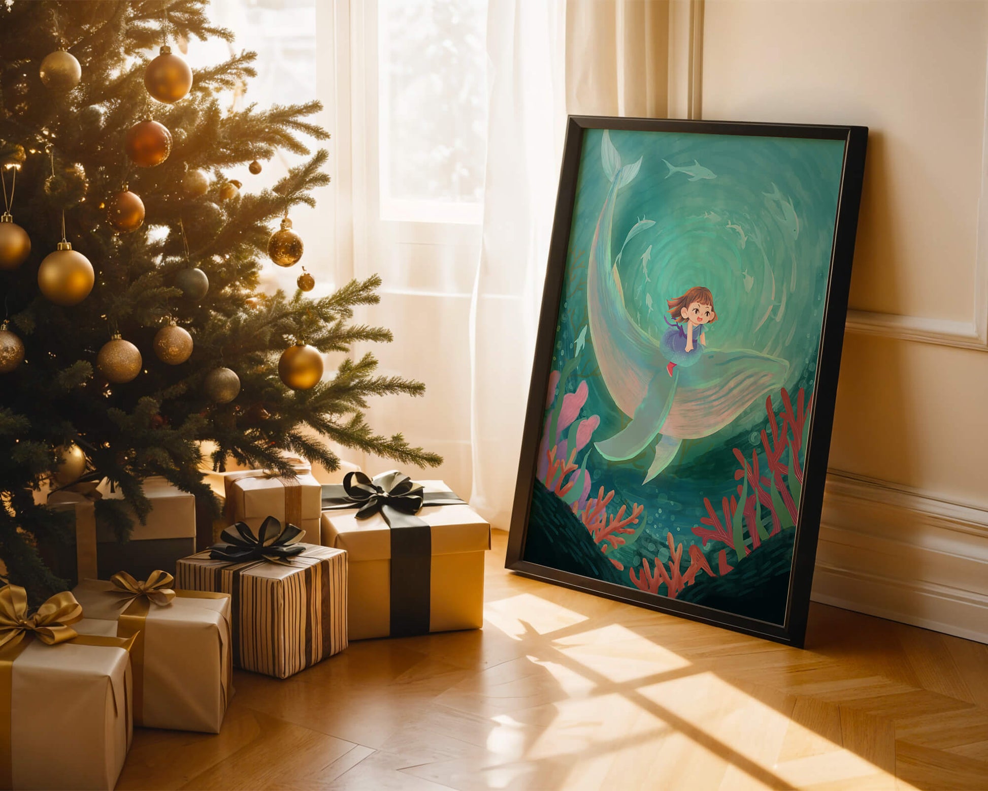 Underwater scene with child and whale surrounded by marine life
