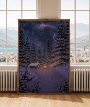 Winternachtlandschaft mit verschneiter Hütte und Kiefernwald