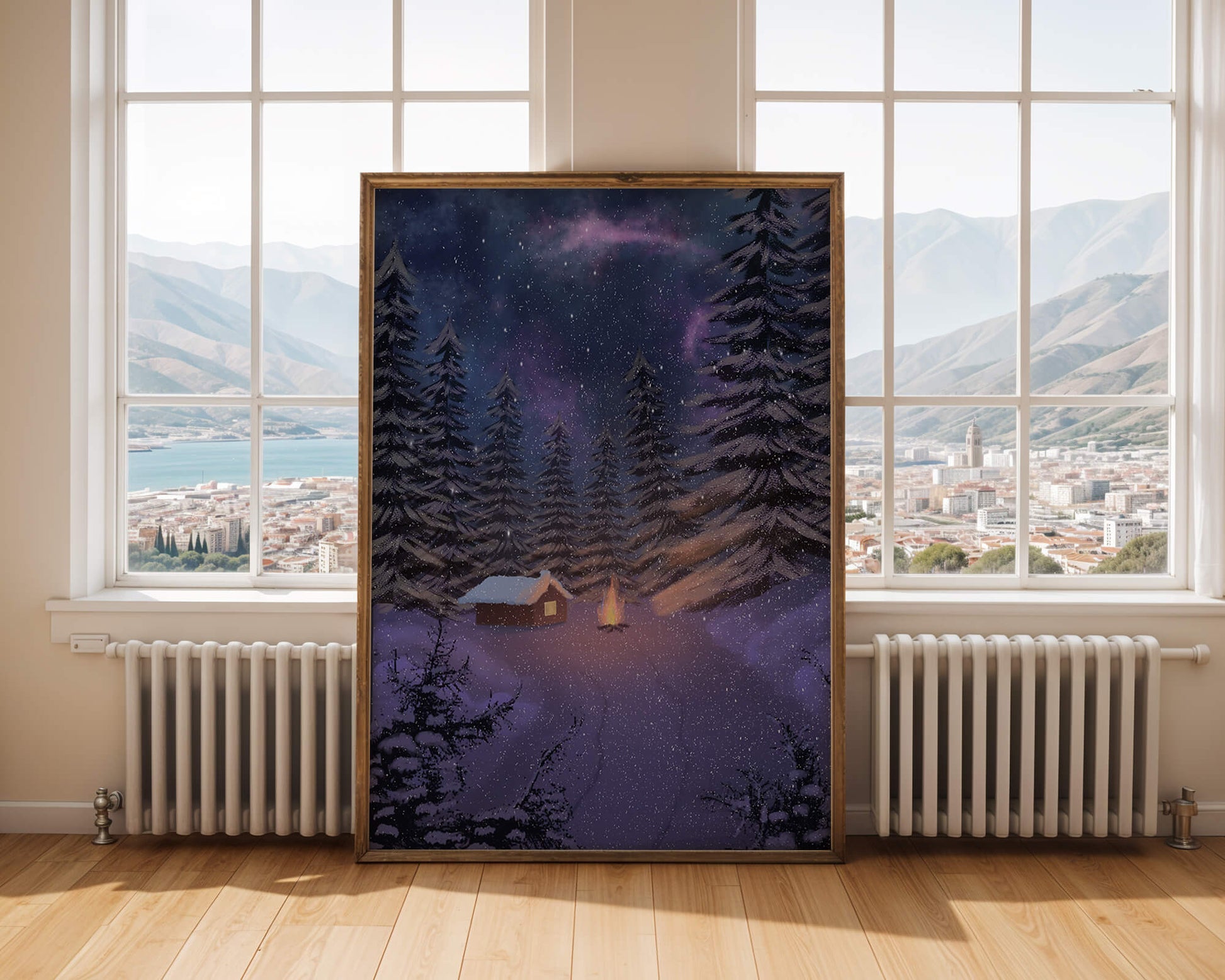 Winter night landscape with snowy cabin and pine forest