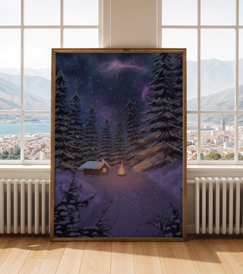 Winter night landscape with snowy cabin and pine forest