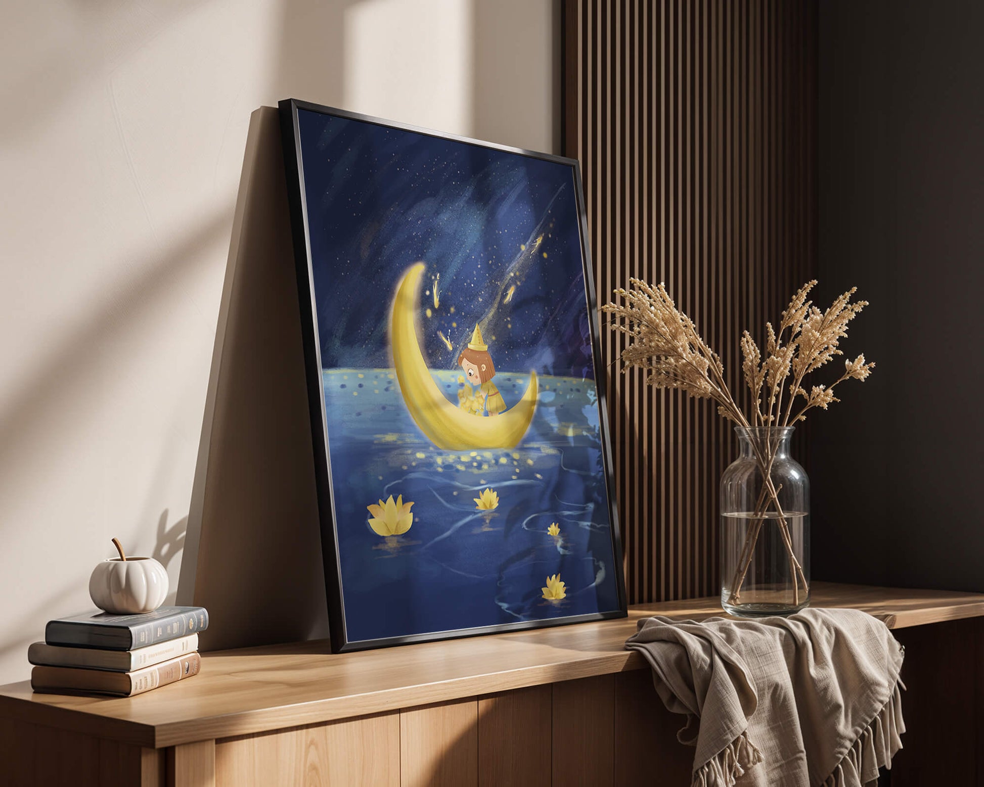 Magical Night Journey with Girl in Golden Moon Boat