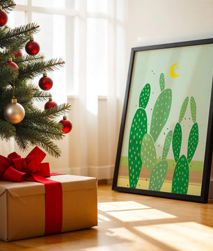 Desert cactus illustration with crescent moon