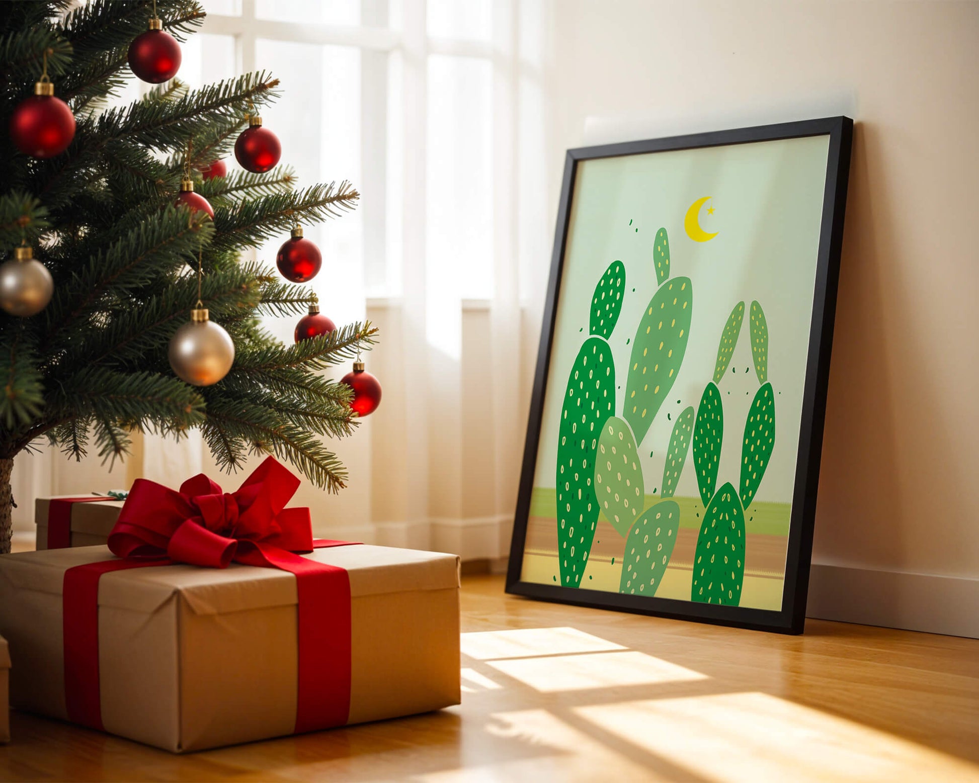 Desert cactus illustration with crescent moon