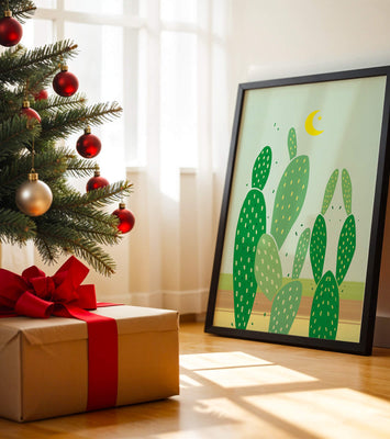 Desert cactus illustration with crescent moon