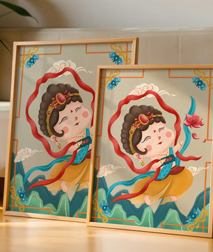 Whimsical illustration of a joyful child deity with lotus and clouds