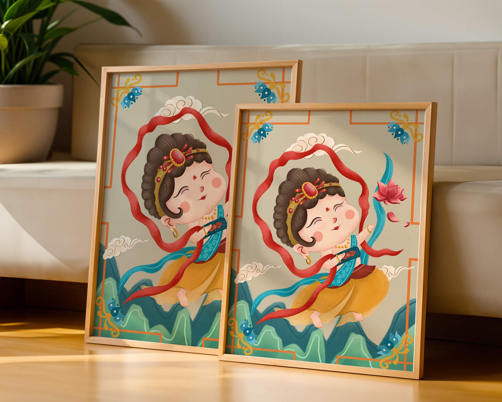 Whimsical illustration of a joyful child deity with lotus and clouds