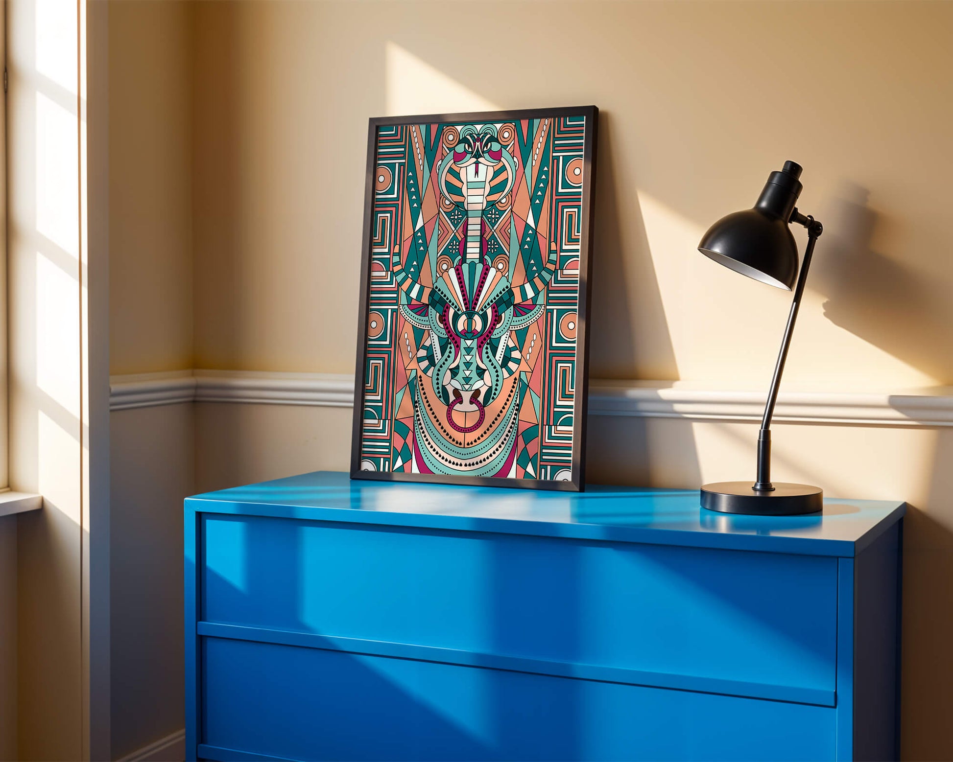 Ilustración art déco geométrica intrincada de serpiente y toro