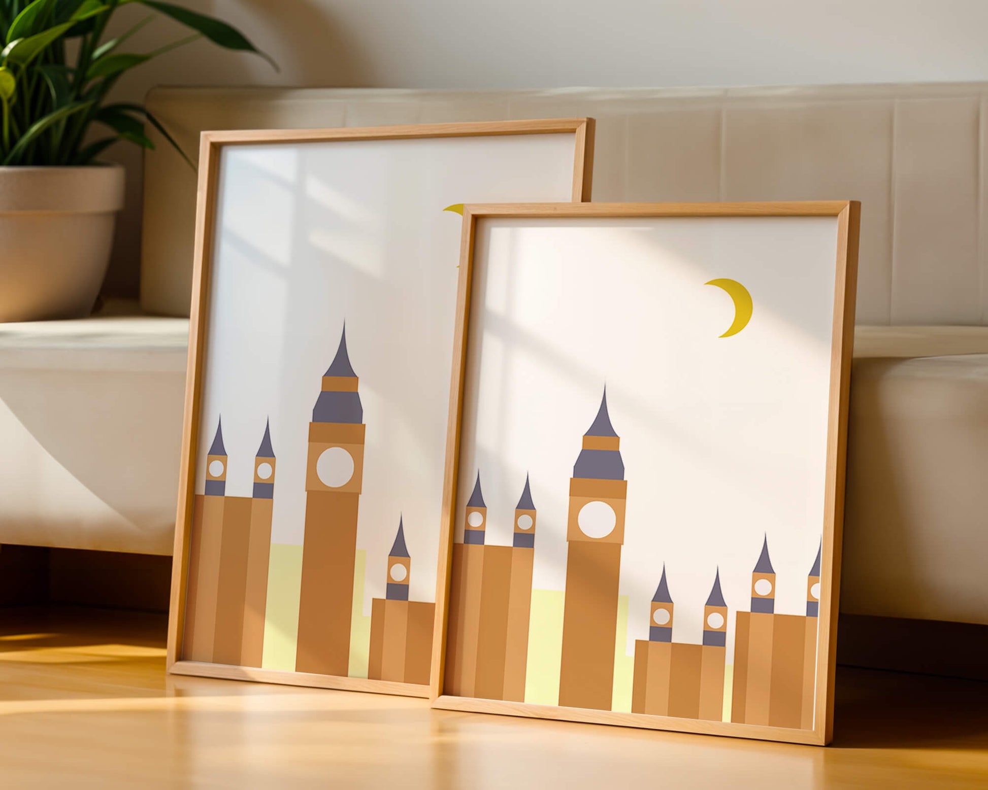 Minimalist illustration of iconic clock tower with crescent moon