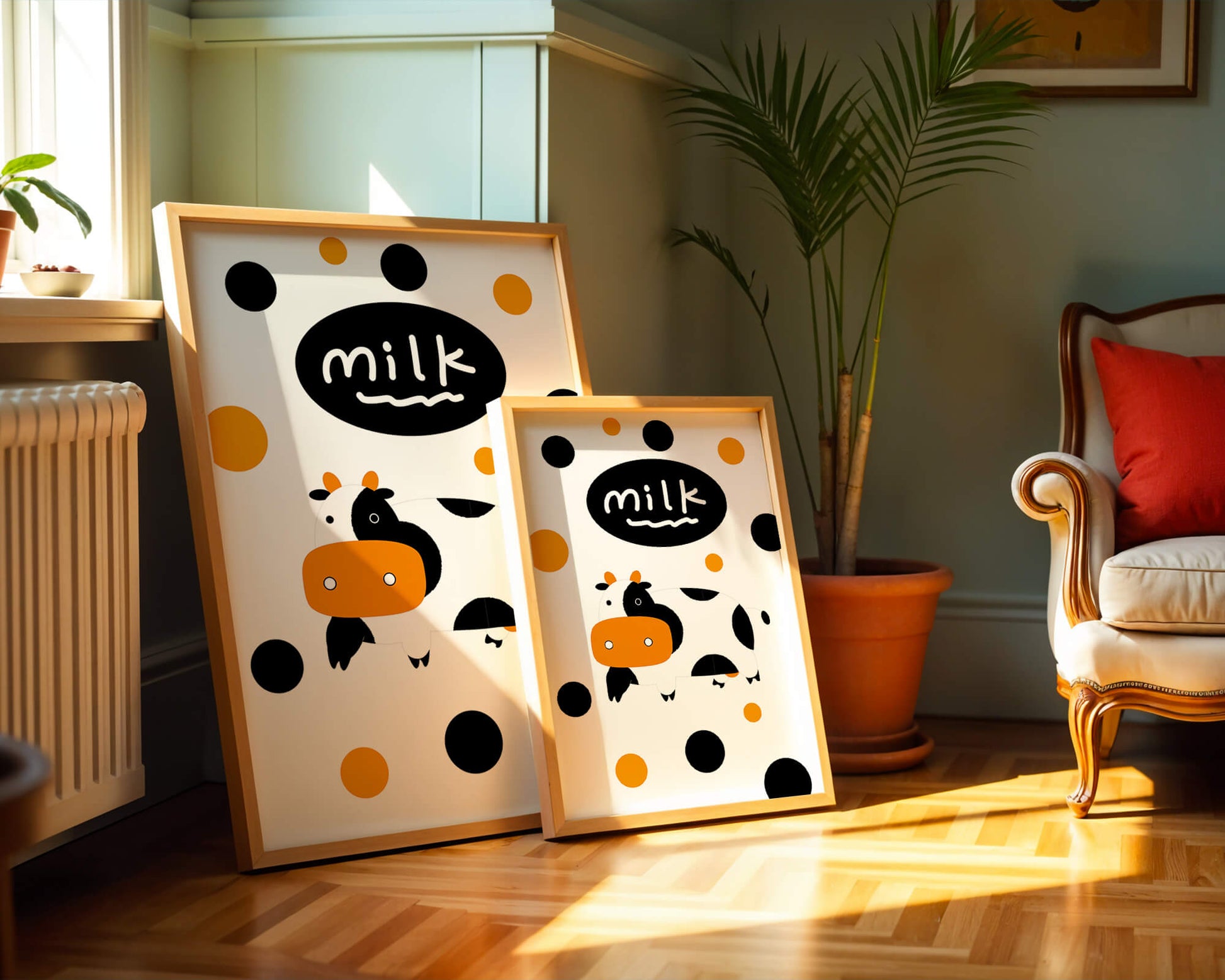 Illustrated cow with modern design and abstract elements